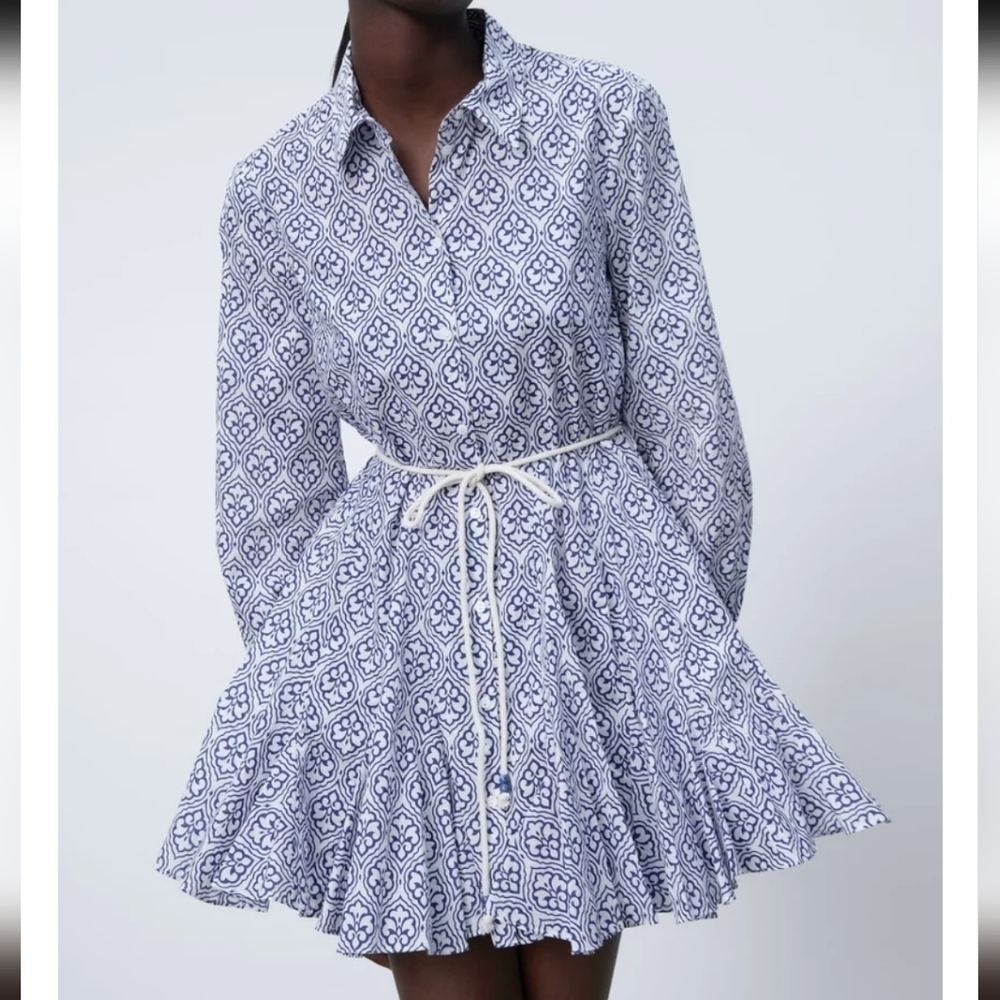 Zara Blue and White Long Sleeve Dress